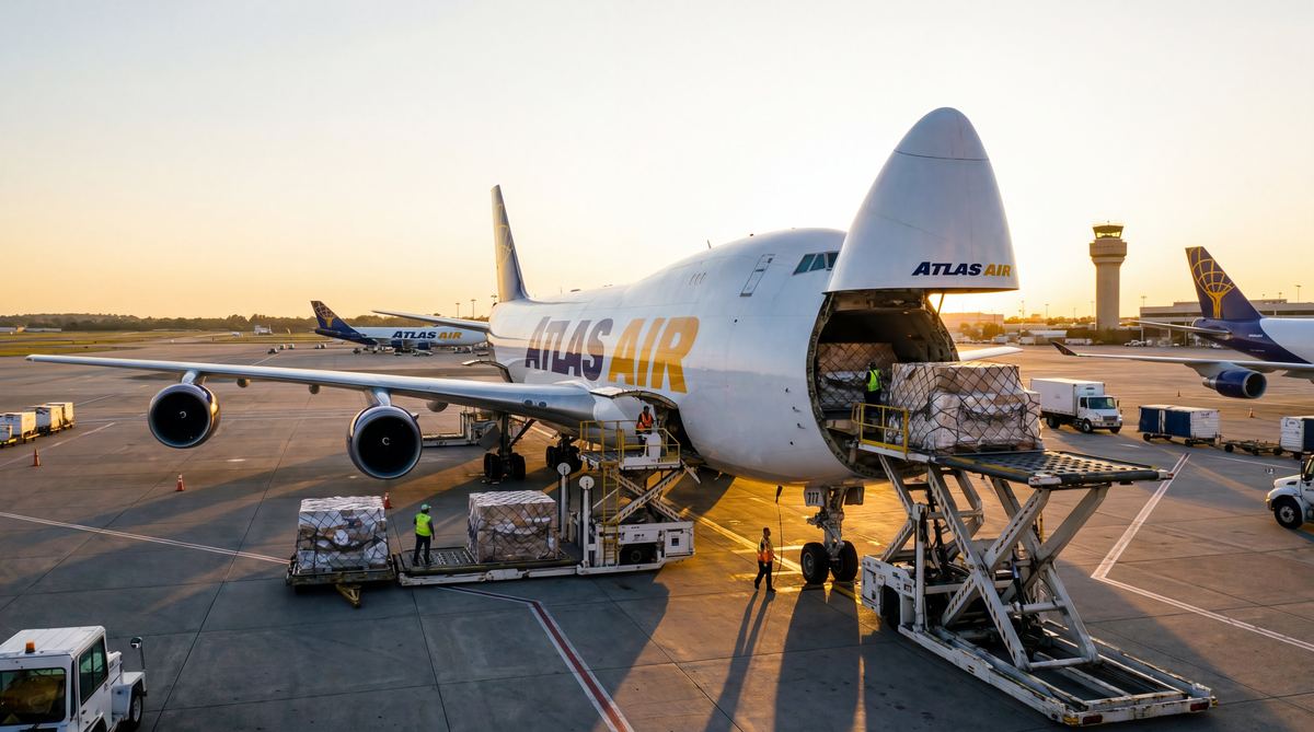 Avião cargueiro sendo carregado com paletes — frete aéreo internacional