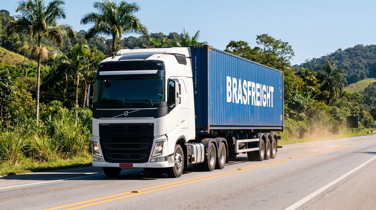 Caminhão Brasfreight transportando container em rodovia brasileira